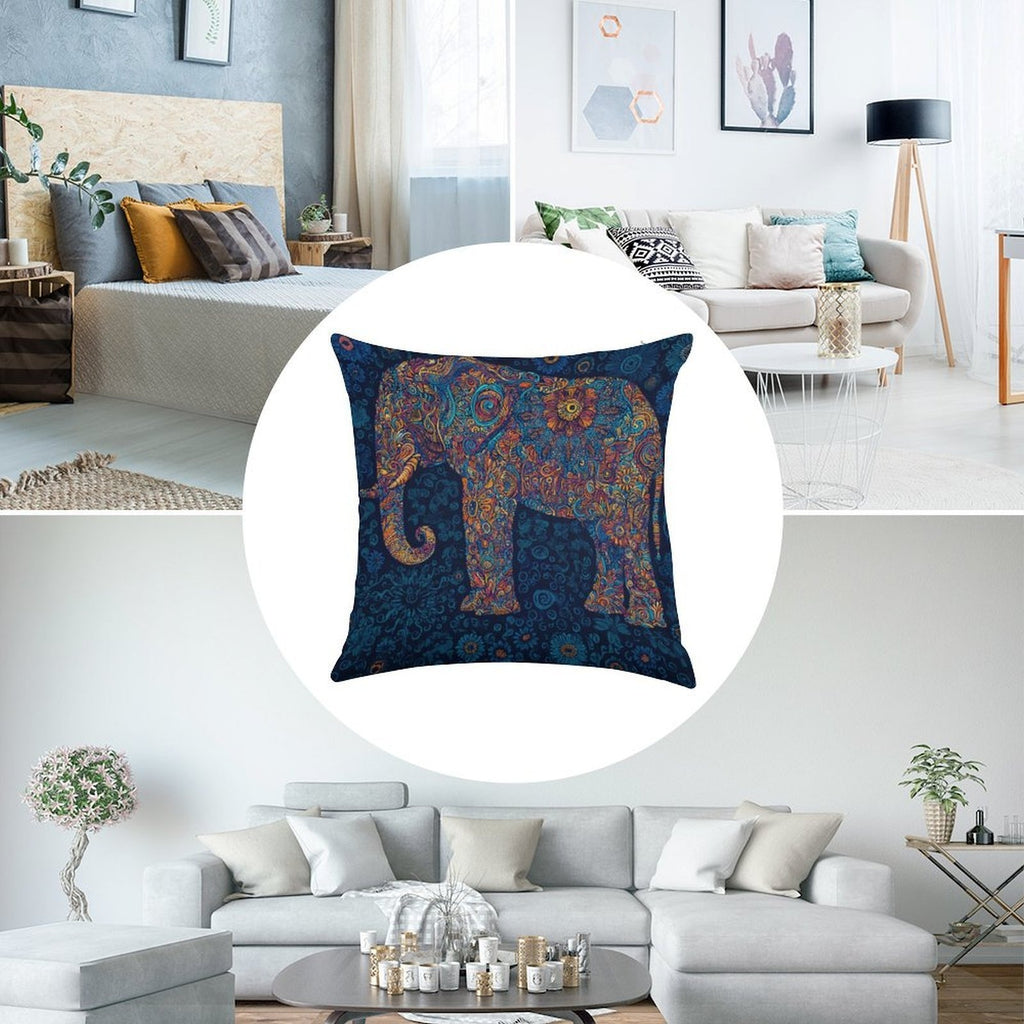 Bohemian Mandala Elephant Faux-Linen Throw Pillow Cover