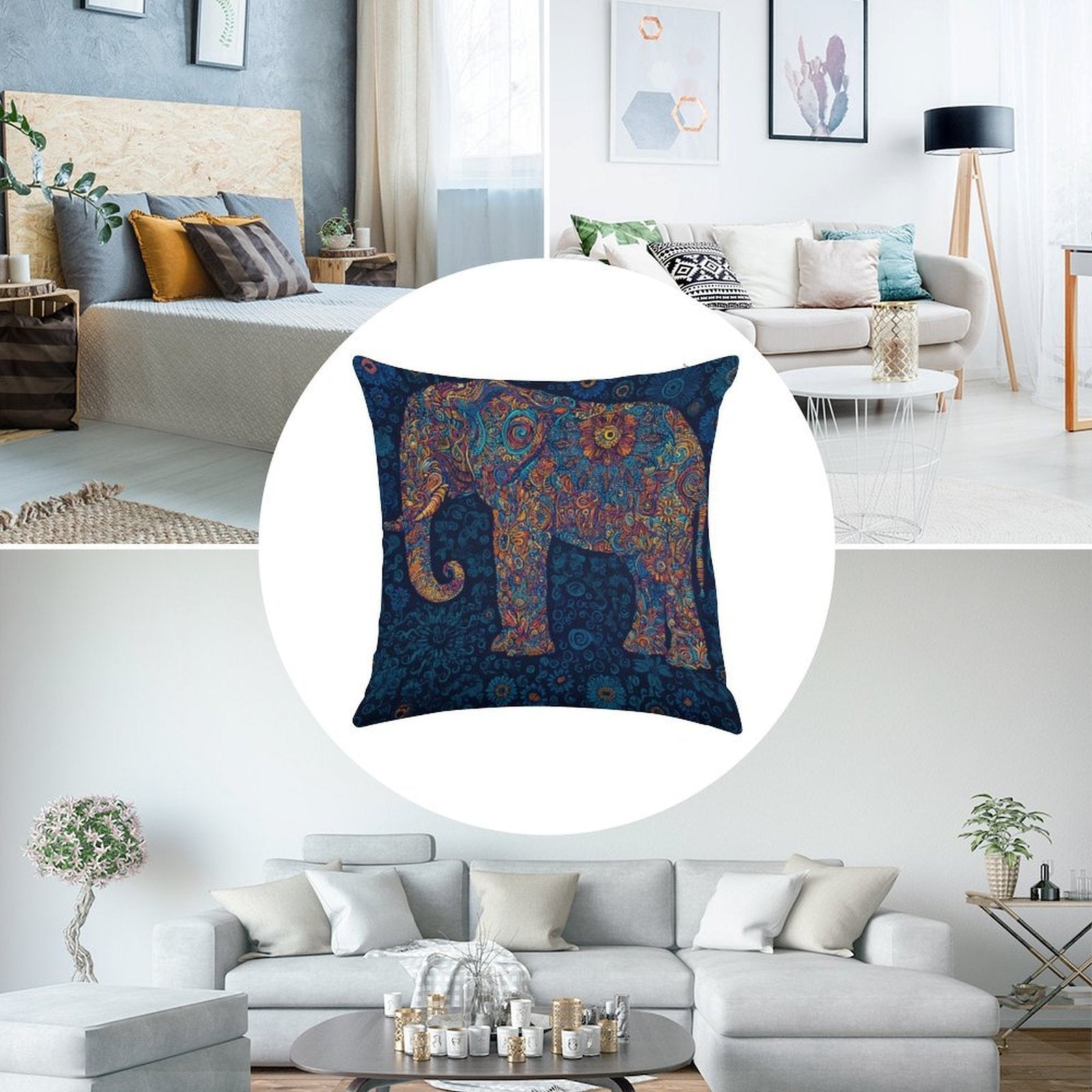 Bohemian Mandala Elephant Faux-Linen Throw Pillow Cover