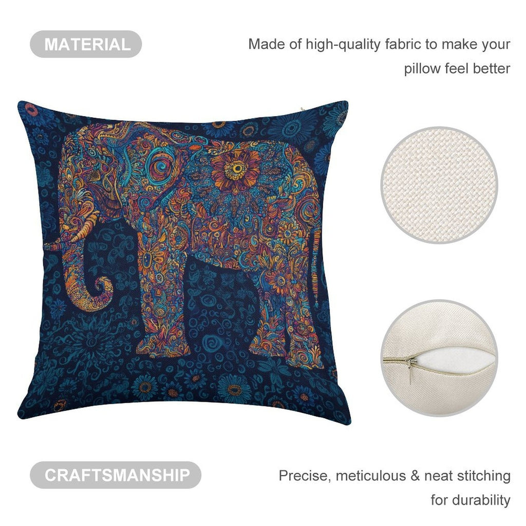 Bohemian Mandala Elephant Faux-Linen Throw Pillow Cover