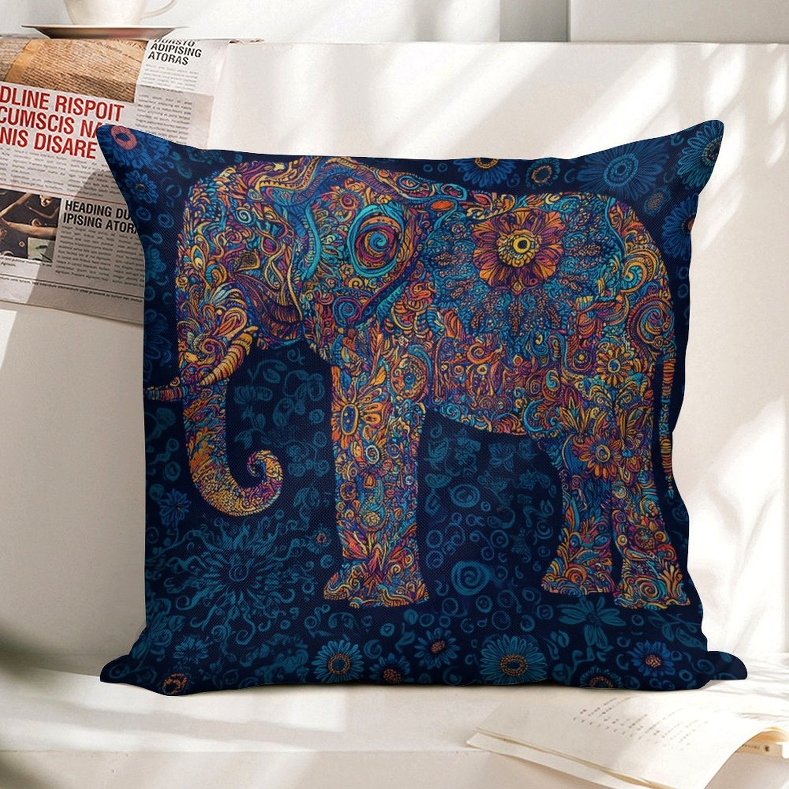 Bohemian Mandala Elephant Faux-Linen Throw Pillow Cover
