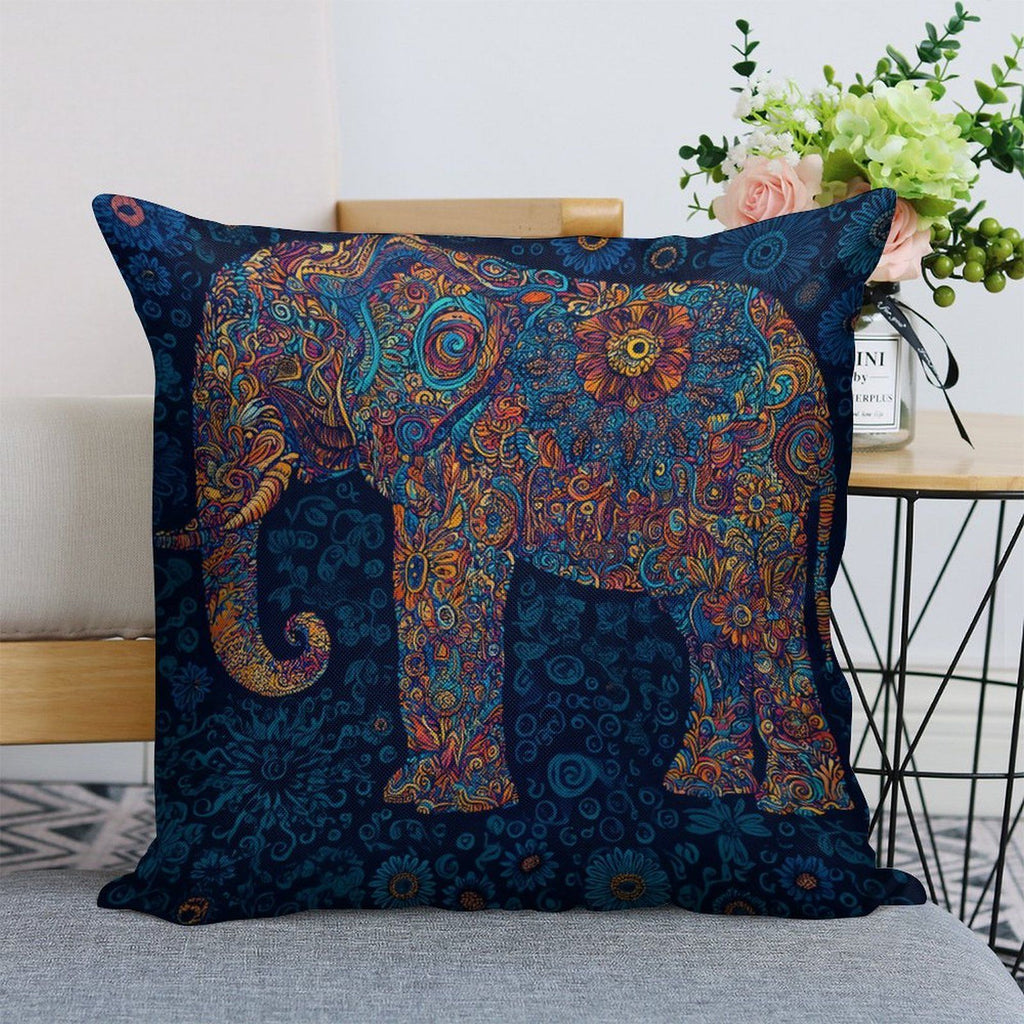 Bohemian Mandala Elephant Faux-Linen Throw Pillow Cover