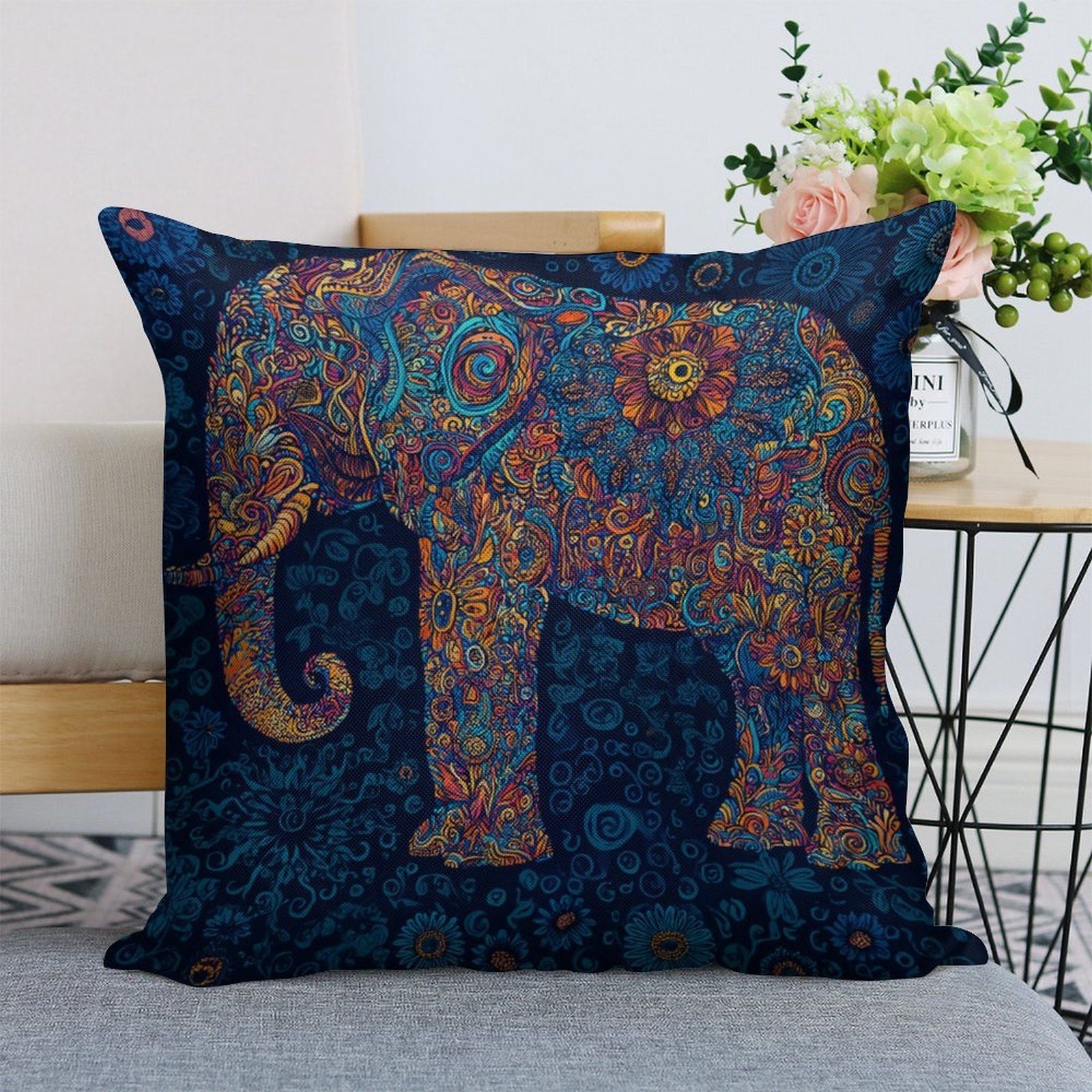 Bohemian Mandala Elephant Faux-Linen Throw Pillow Cover