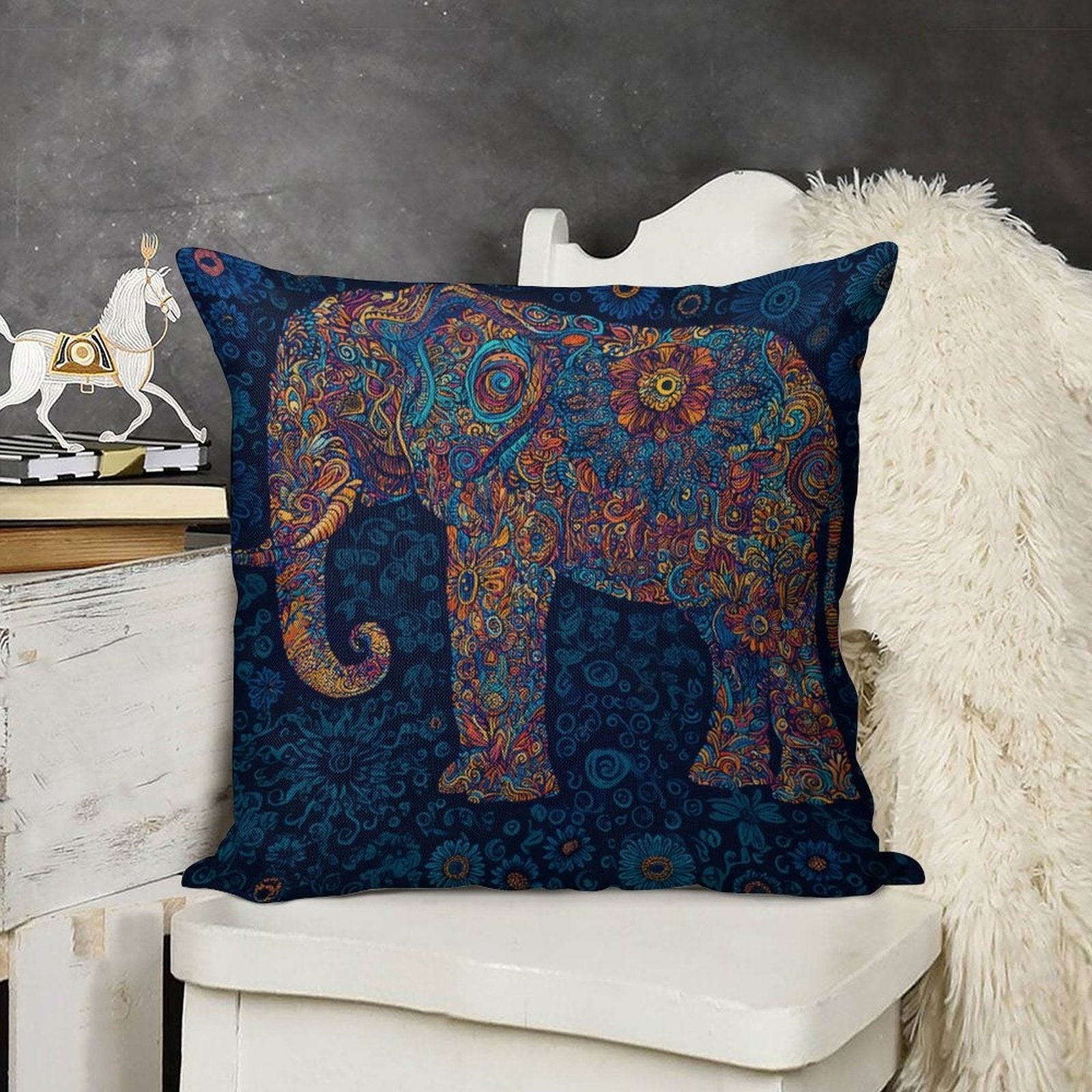 Bohemian Mandala Elephant Faux-Linen Throw Pillow Cover