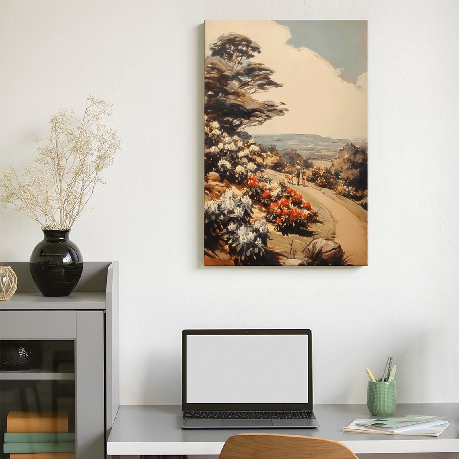 Vintage Scenic Path Framed Canvas Art - Countryside Stroll