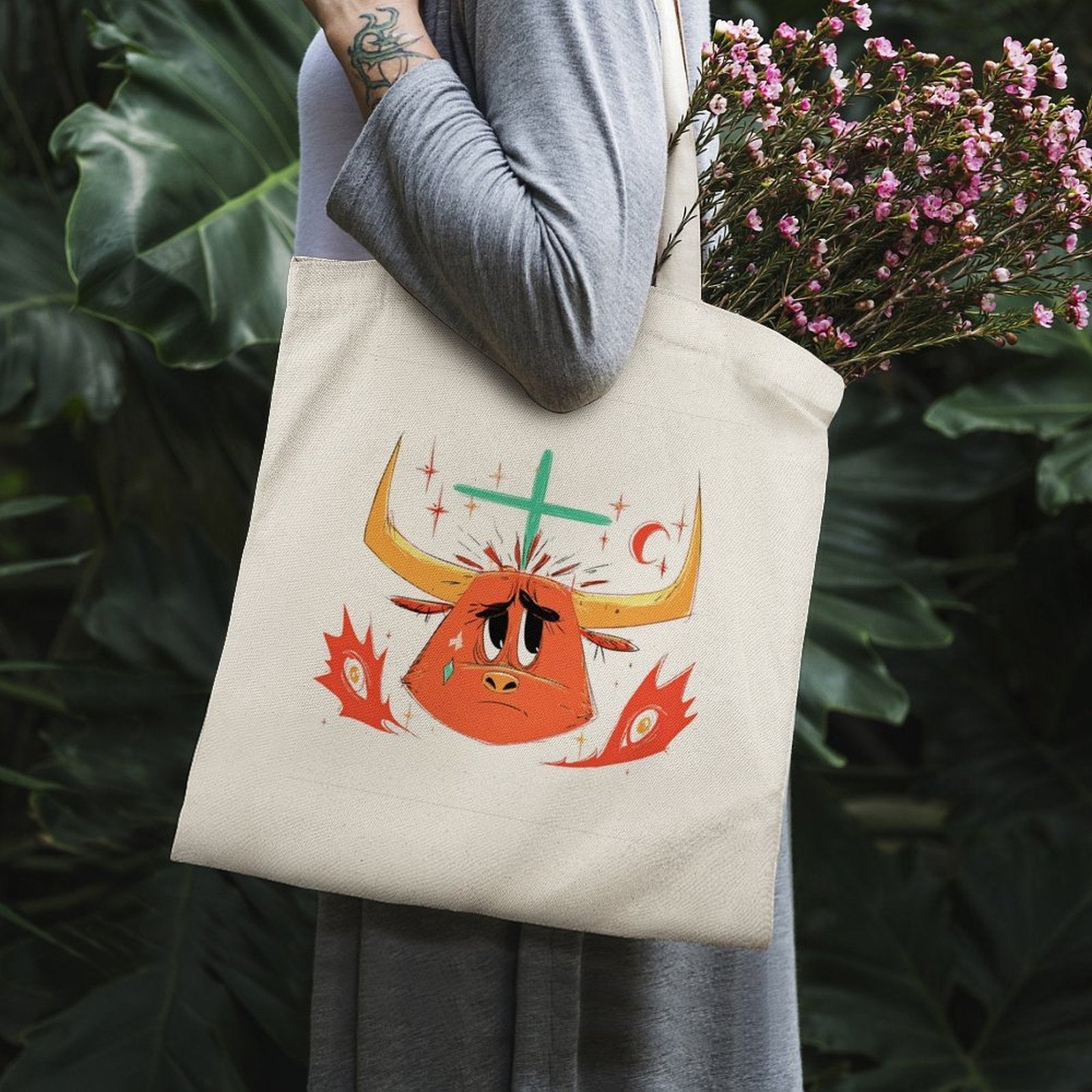 Crying Taurus Bull Graphic Canvas Tote Bag