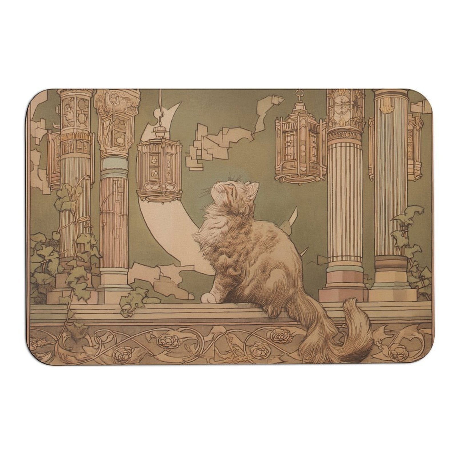 Whimsical Art Nouveau Cat Moon Rounded Diatomite Bath Mat