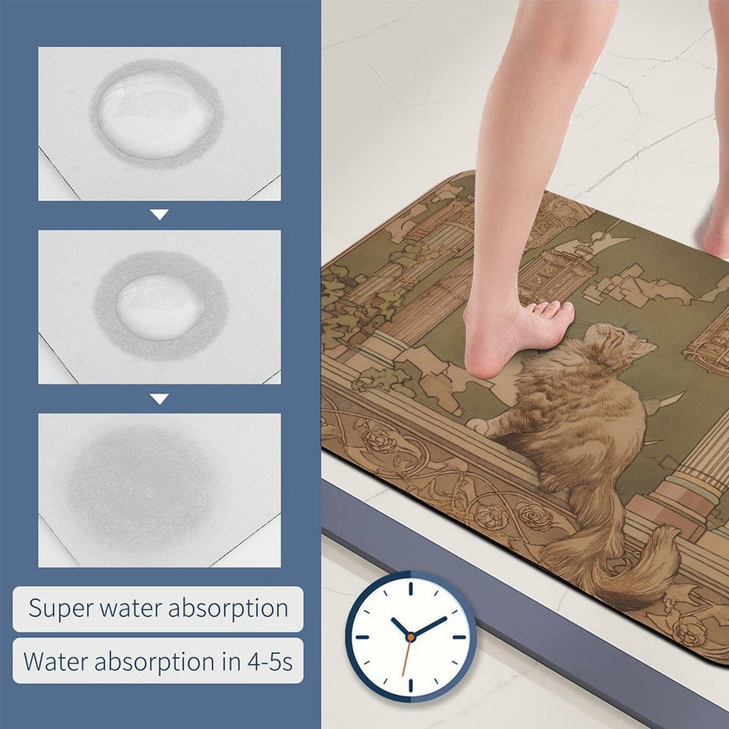 Whimsical Art Nouveau Cat Moon Rounded Diatomite Bath Mat