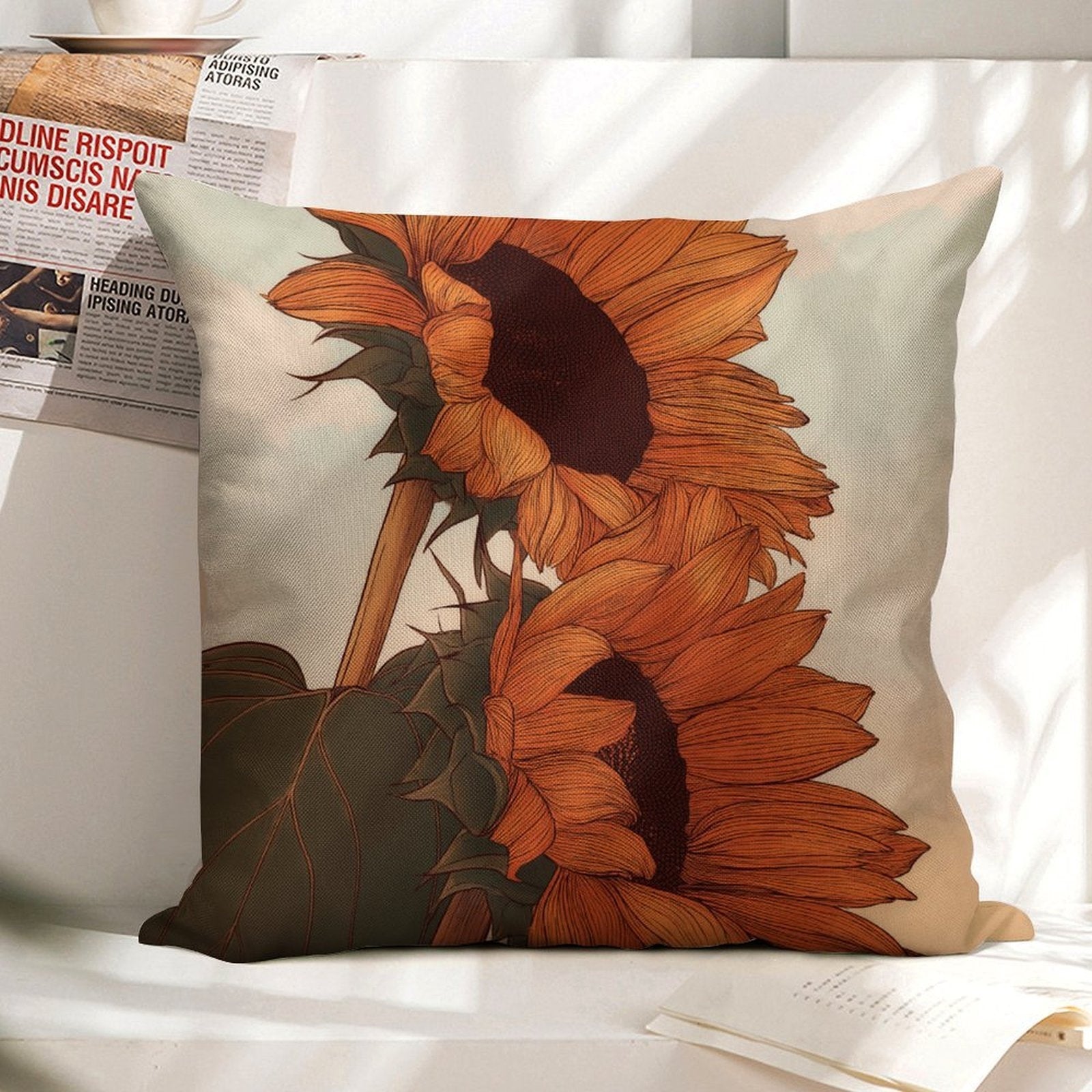 Rustic Golden Sunflowers Faux-Linen Throw Pillow Cover
