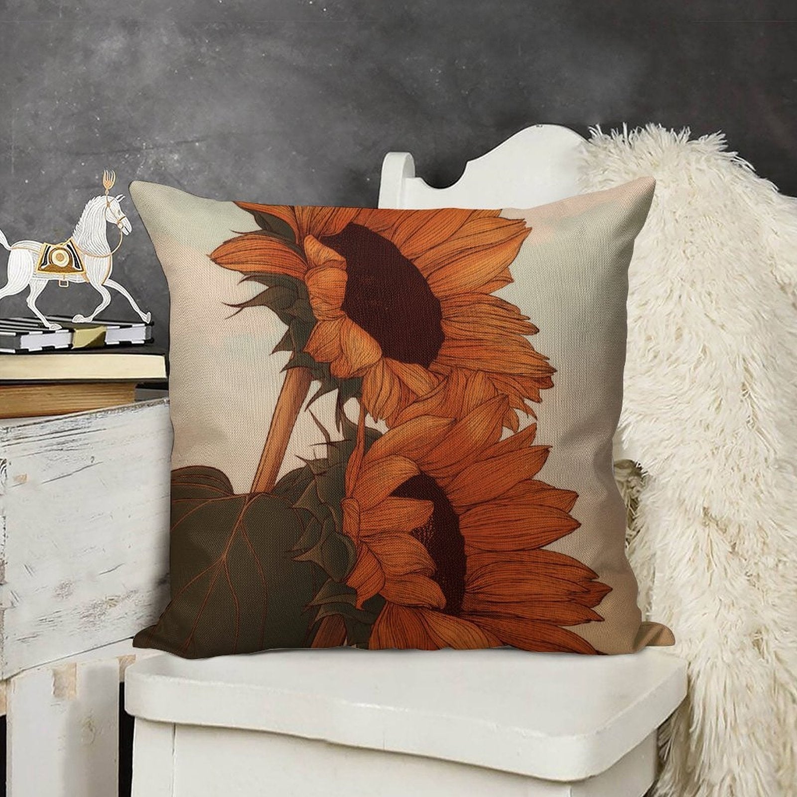Rustic Golden Sunflowers Faux-Linen Throw Pillow Cover