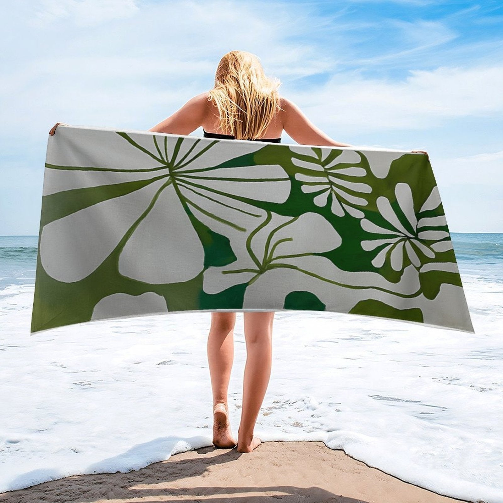 Abstract Foliage Green & White Premium Beach Towel