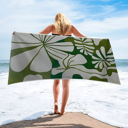 Abstract Foliage Green & White Premium Beach Towel