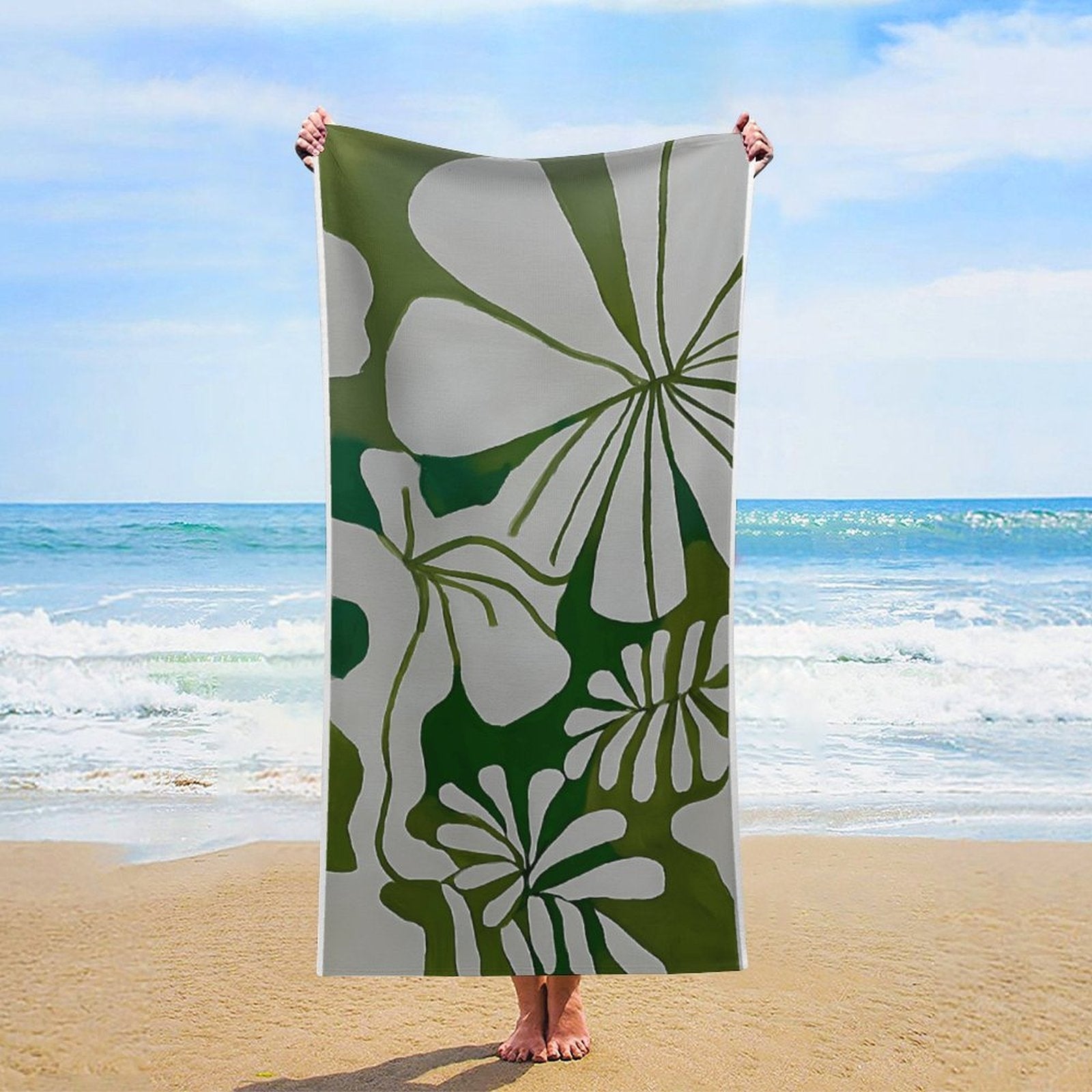 Abstract Foliage Green & White Premium Beach Towel