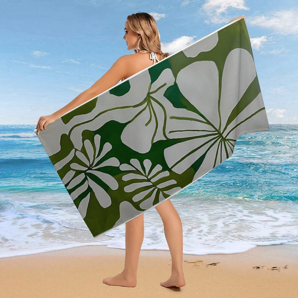 Abstract Foliage Green & White Premium Beach Towel