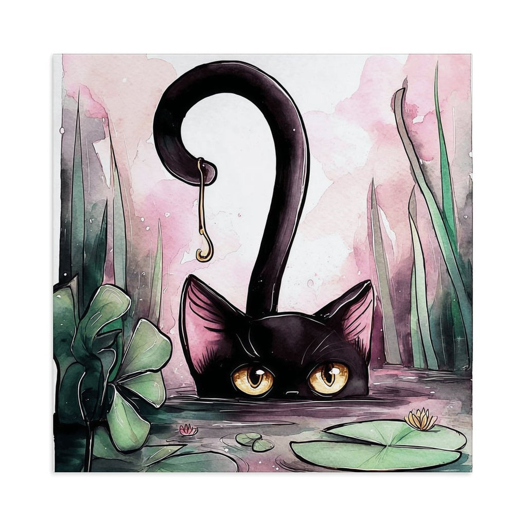 Curious Black Cat Pond Gallery Canvas Print (Square 1:1)