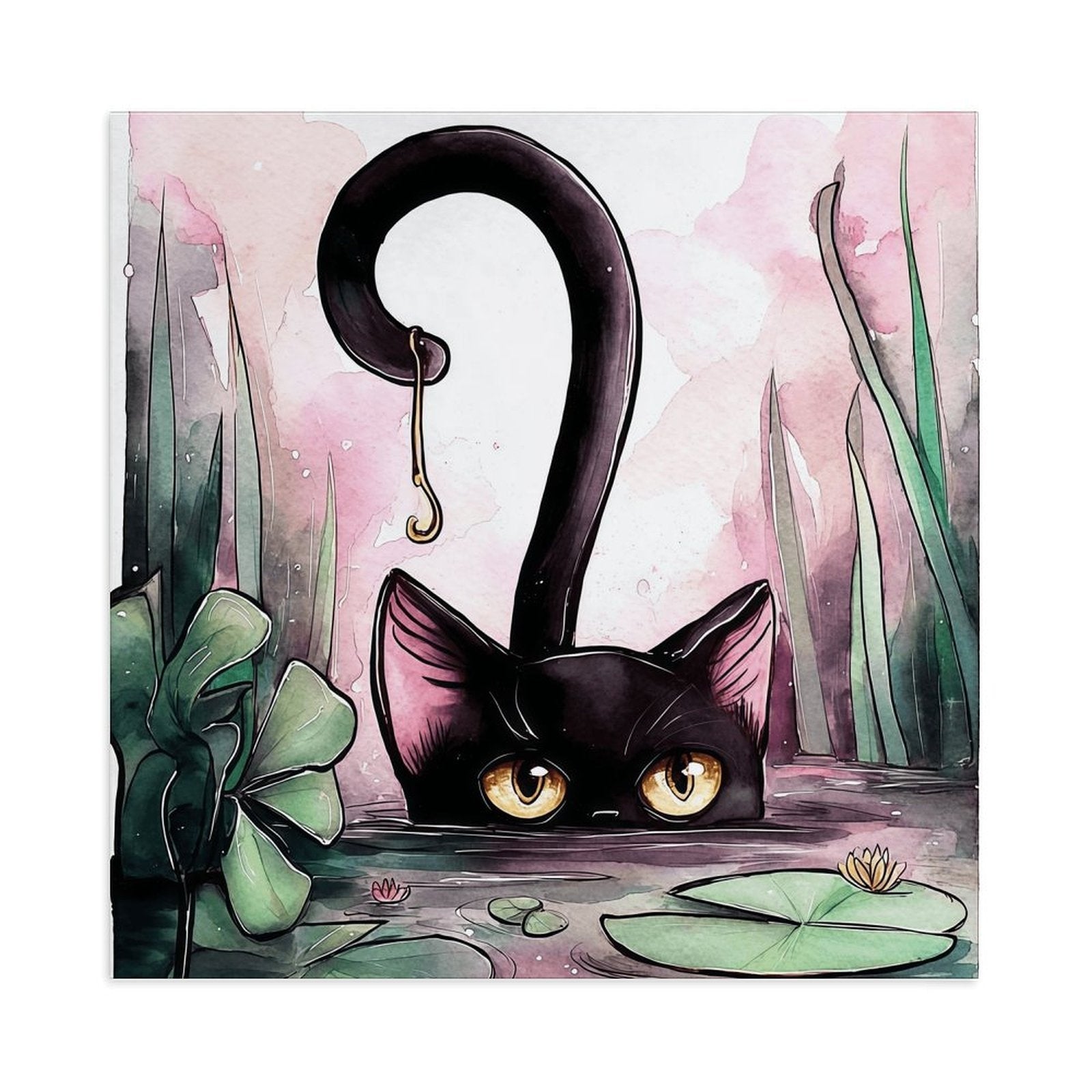 Curious Black Cat Pond Gallery Canvas Print (Square 1:1)