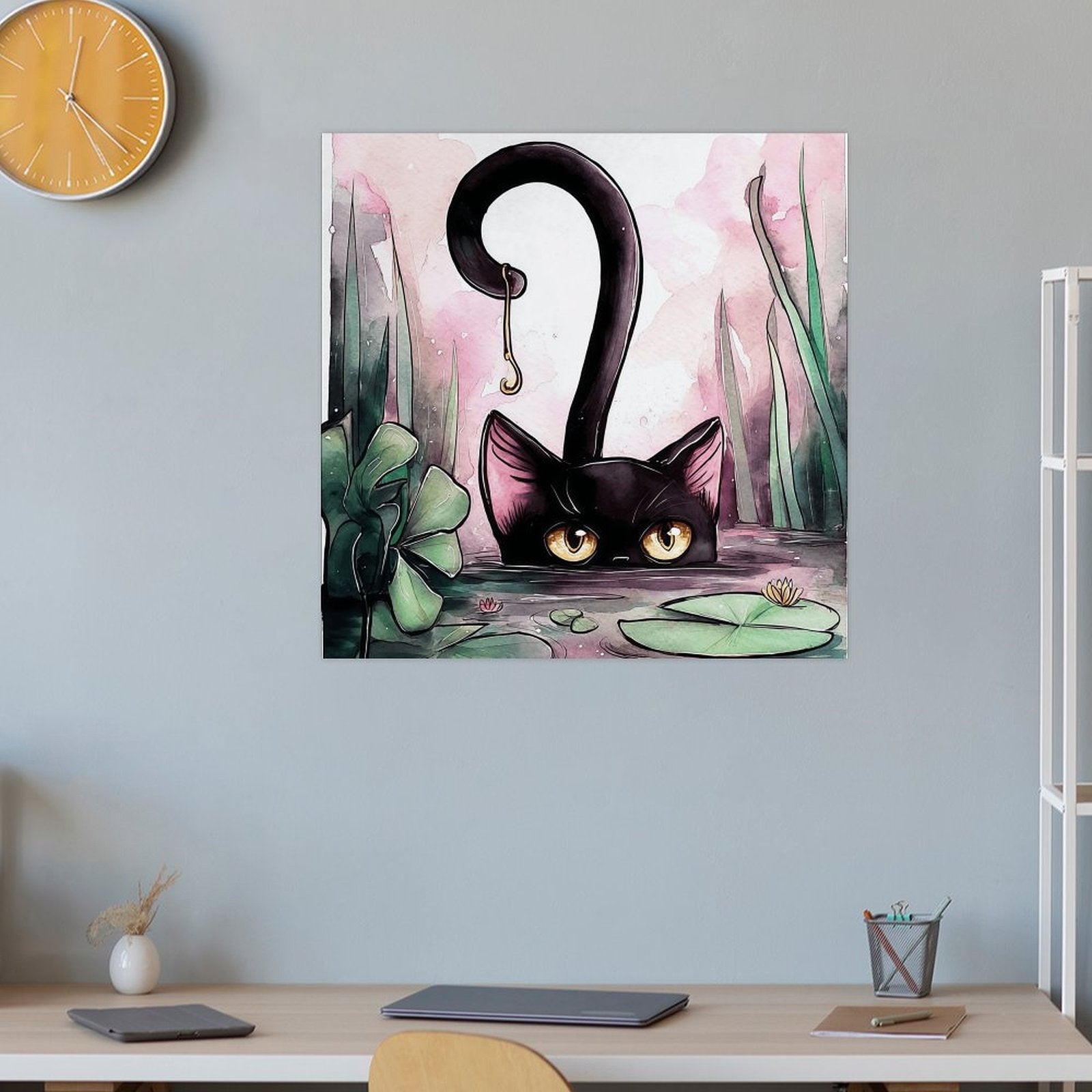 Curious Black Cat Pond Gallery Canvas Print (Square 1:1)