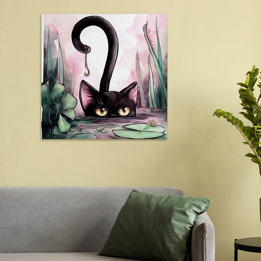 Curious Black Cat Pond Gallery Canvas Print (Square 1:1)