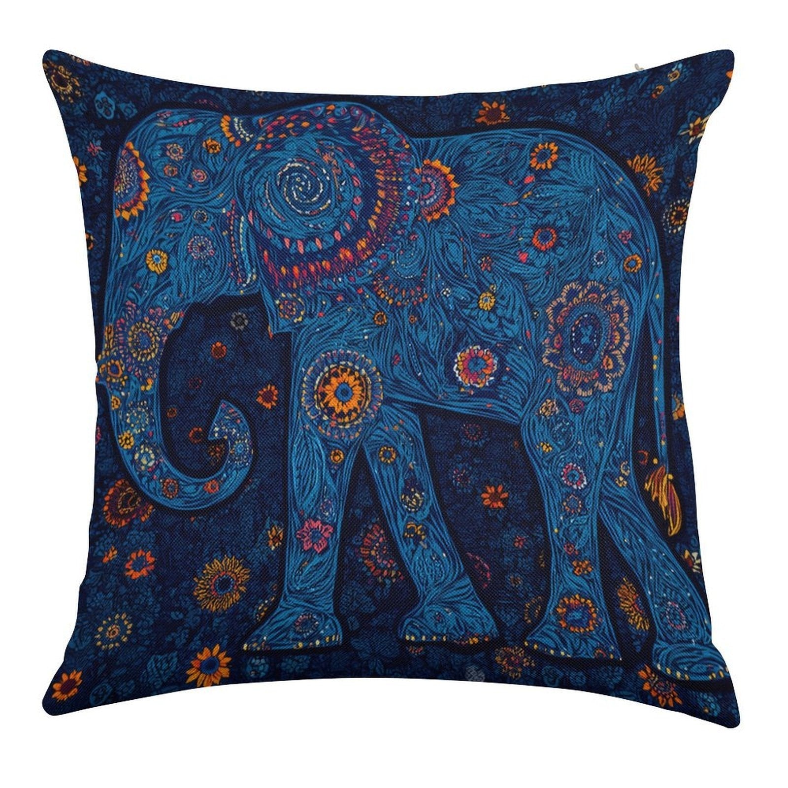 Bohemian Radiant Blue Elephant Faux-Linen Throw Pillow Cover