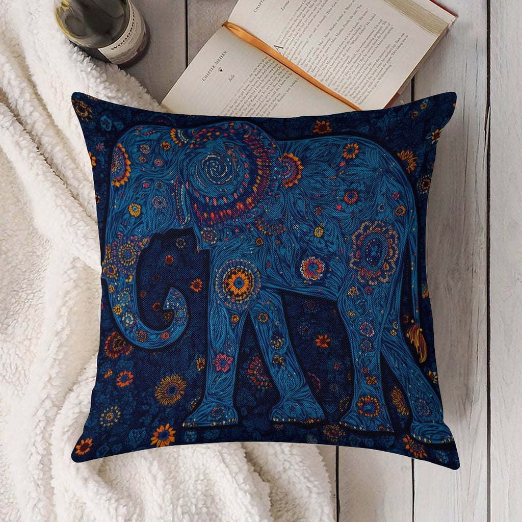 Bohemian Radiant Blue Elephant Faux-Linen Throw Pillow Cover