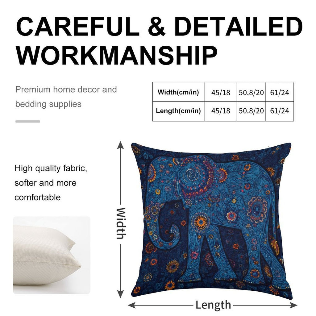 Bohemian Radiant Blue Elephant Faux-Linen Throw Pillow Cover