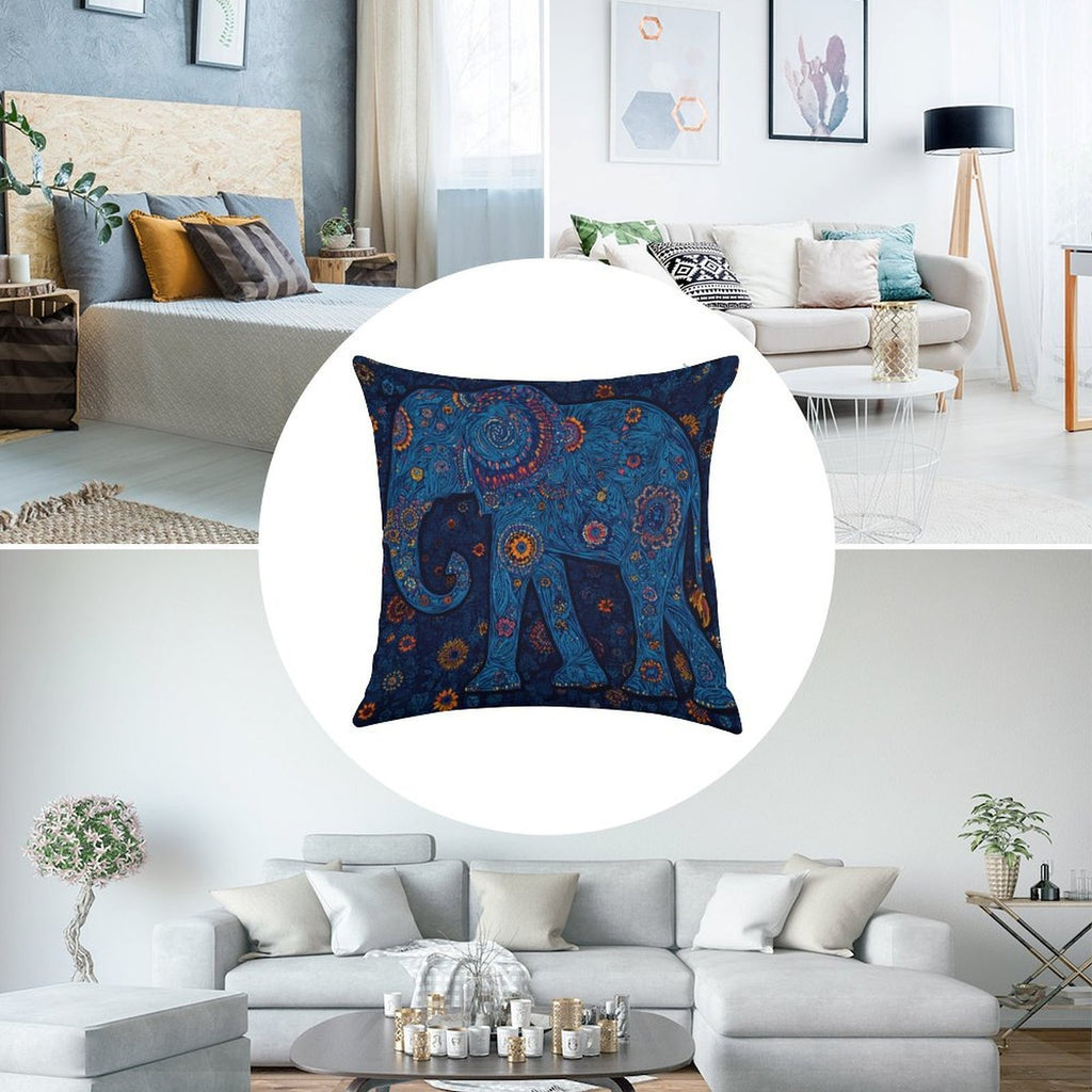 Bohemian Radiant Blue Elephant Faux-Linen Throw Pillow Cover