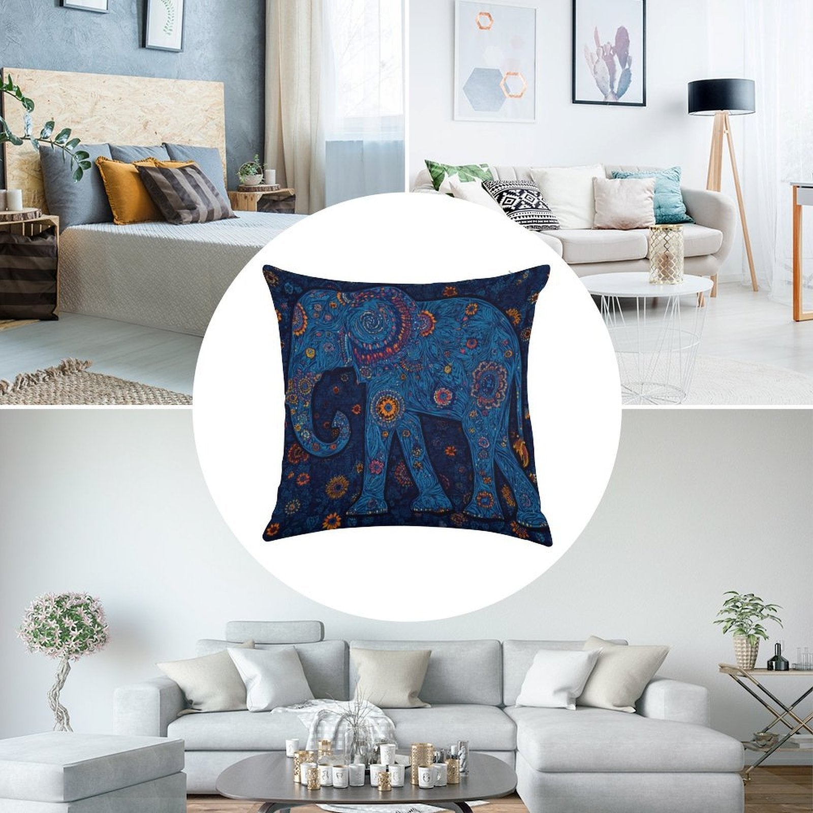 Bohemian Radiant Blue Elephant Faux-Linen Throw Pillow Cover