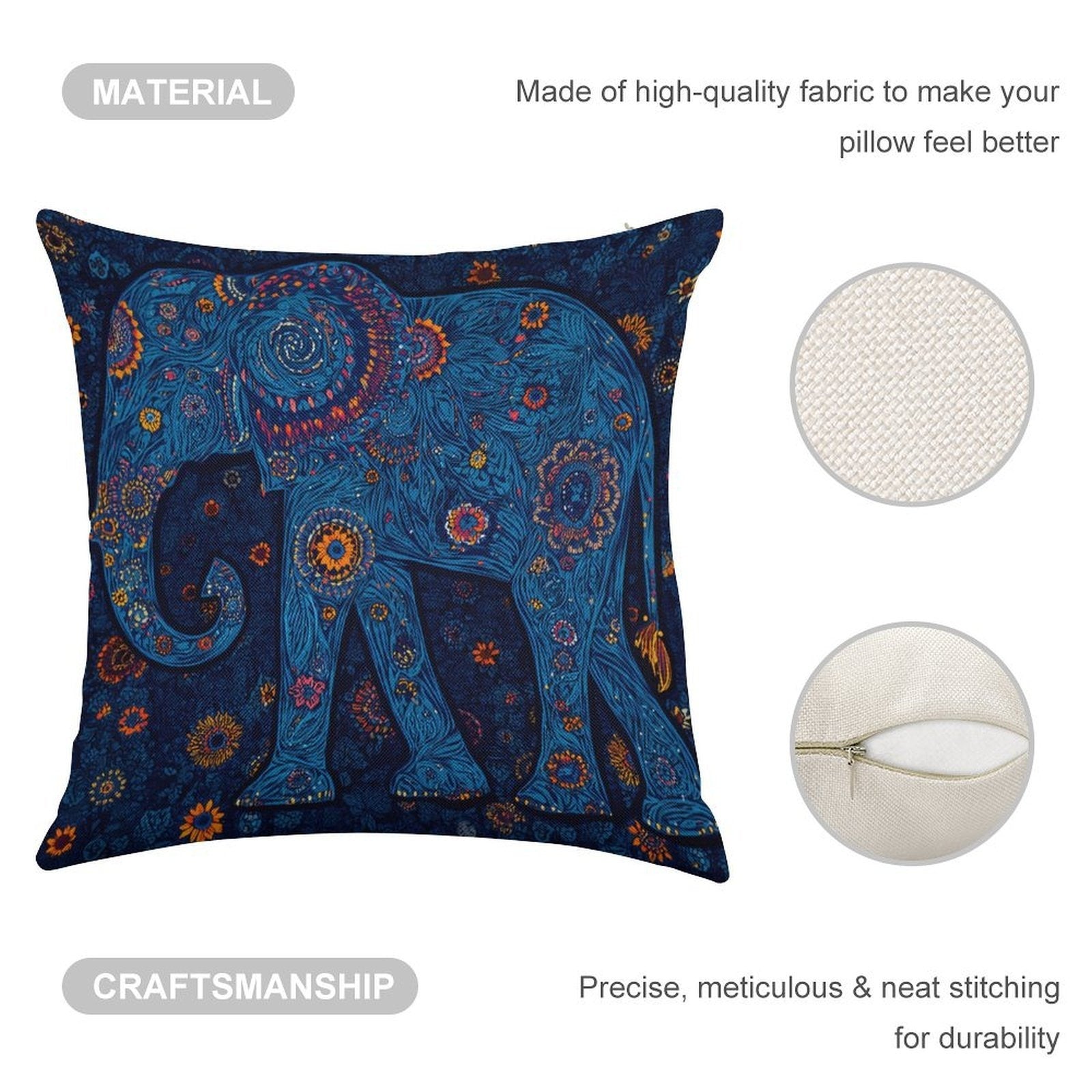 Bohemian Radiant Blue Elephant Faux-Linen Throw Pillow Cover