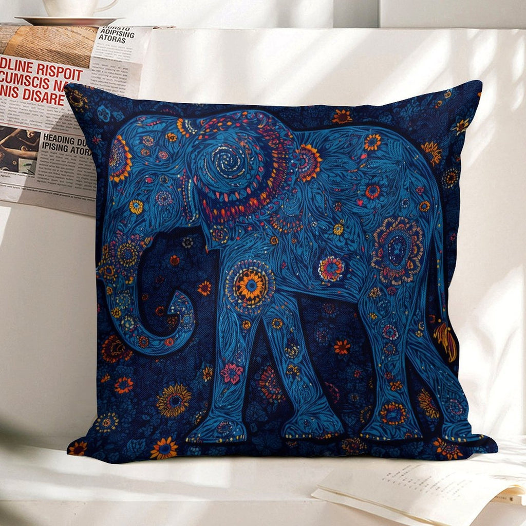 Bohemian Radiant Blue Elephant Faux-Linen Throw Pillow Cover