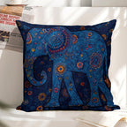 Bohemian Radiant Blue Elephant Faux-Linen Throw Pillow Cover