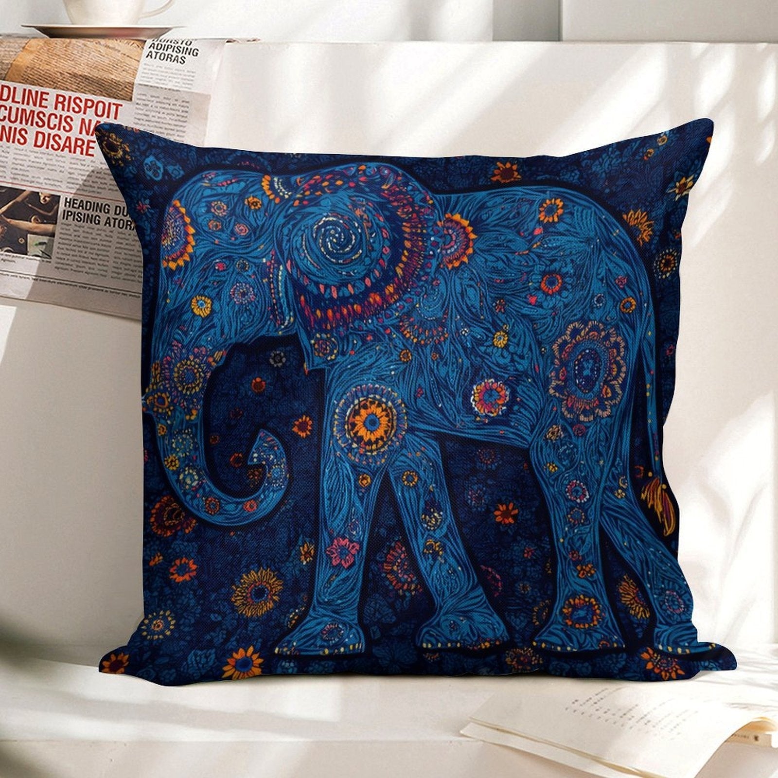 Bohemian Radiant Blue Elephant Faux-Linen Throw Pillow Cover