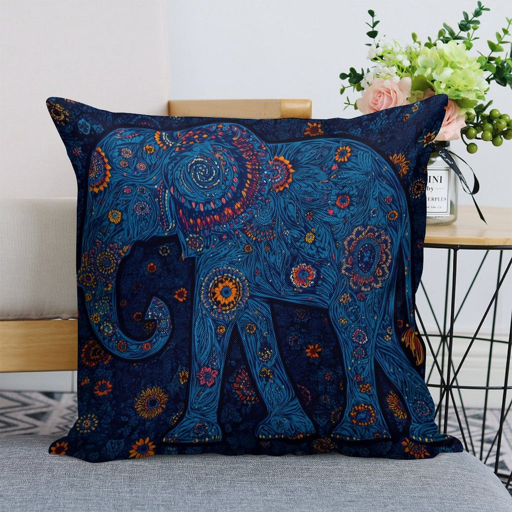 Bohemian Radiant Blue Elephant Faux-Linen Throw Pillow Cover