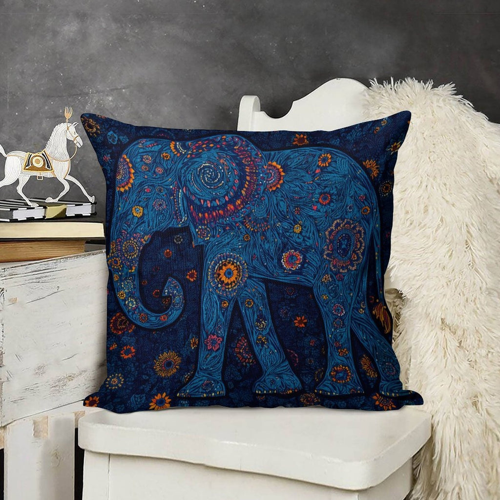 Bohemian Radiant Blue Elephant Faux-Linen Throw Pillow Cover