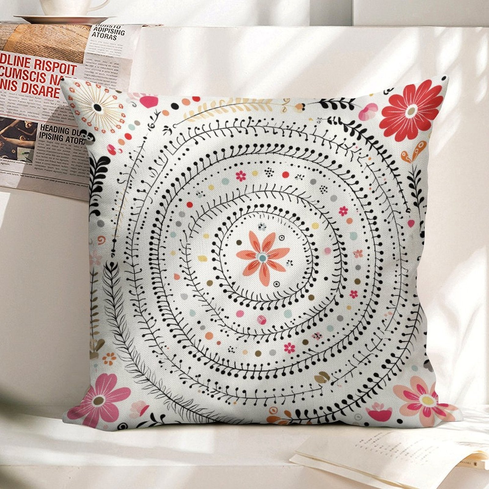 Bohemian Mandala Floral Faux-Linen Throw Pillow Cover