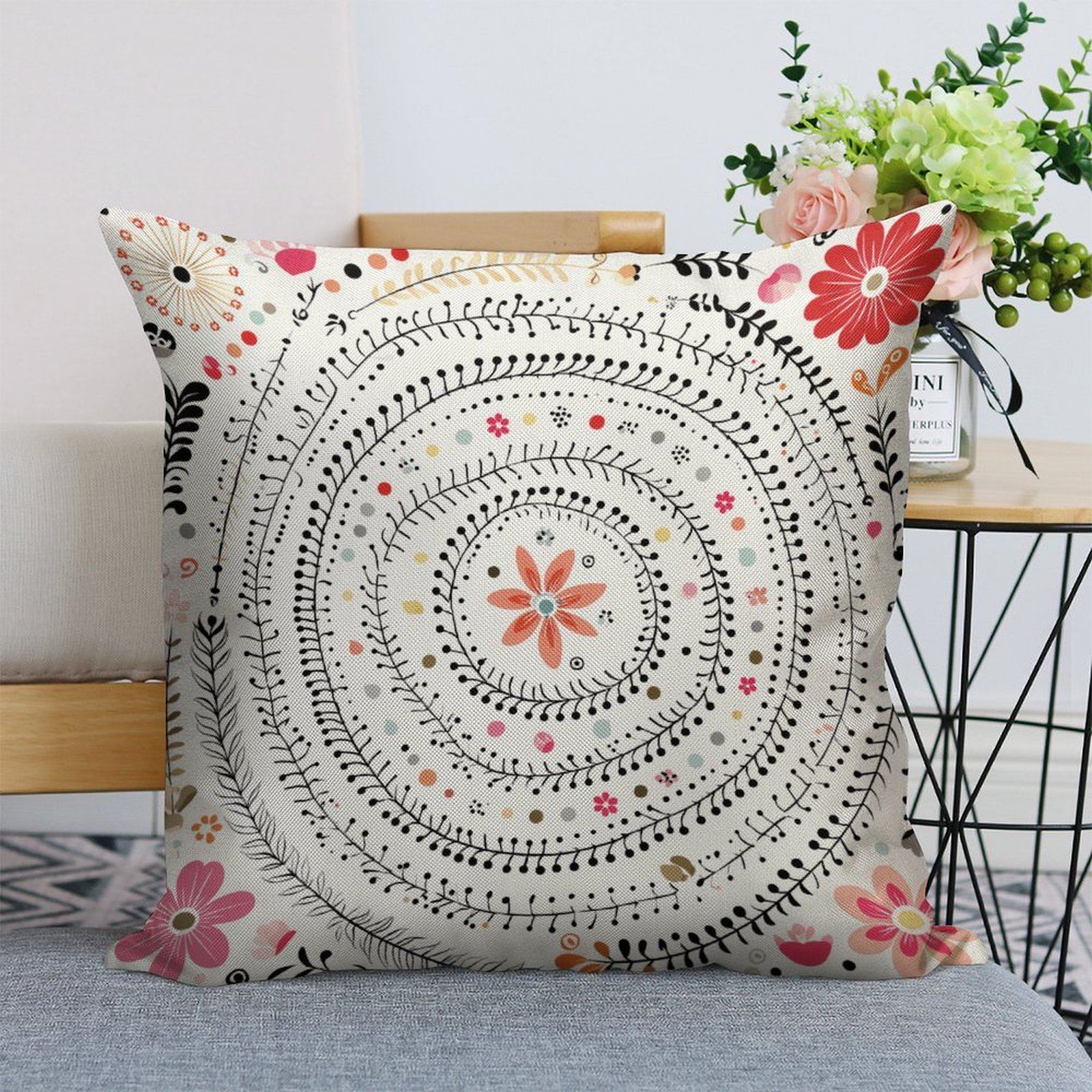 Bohemian Mandala Floral Faux-Linen Throw Pillow Cover