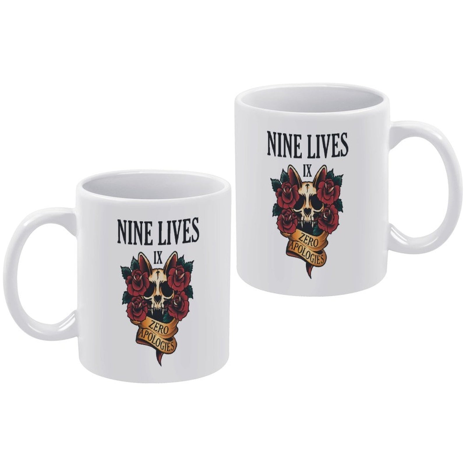 Nine Lives Zero Apologies Cat Skull Tattoo Art Ceramic Mug