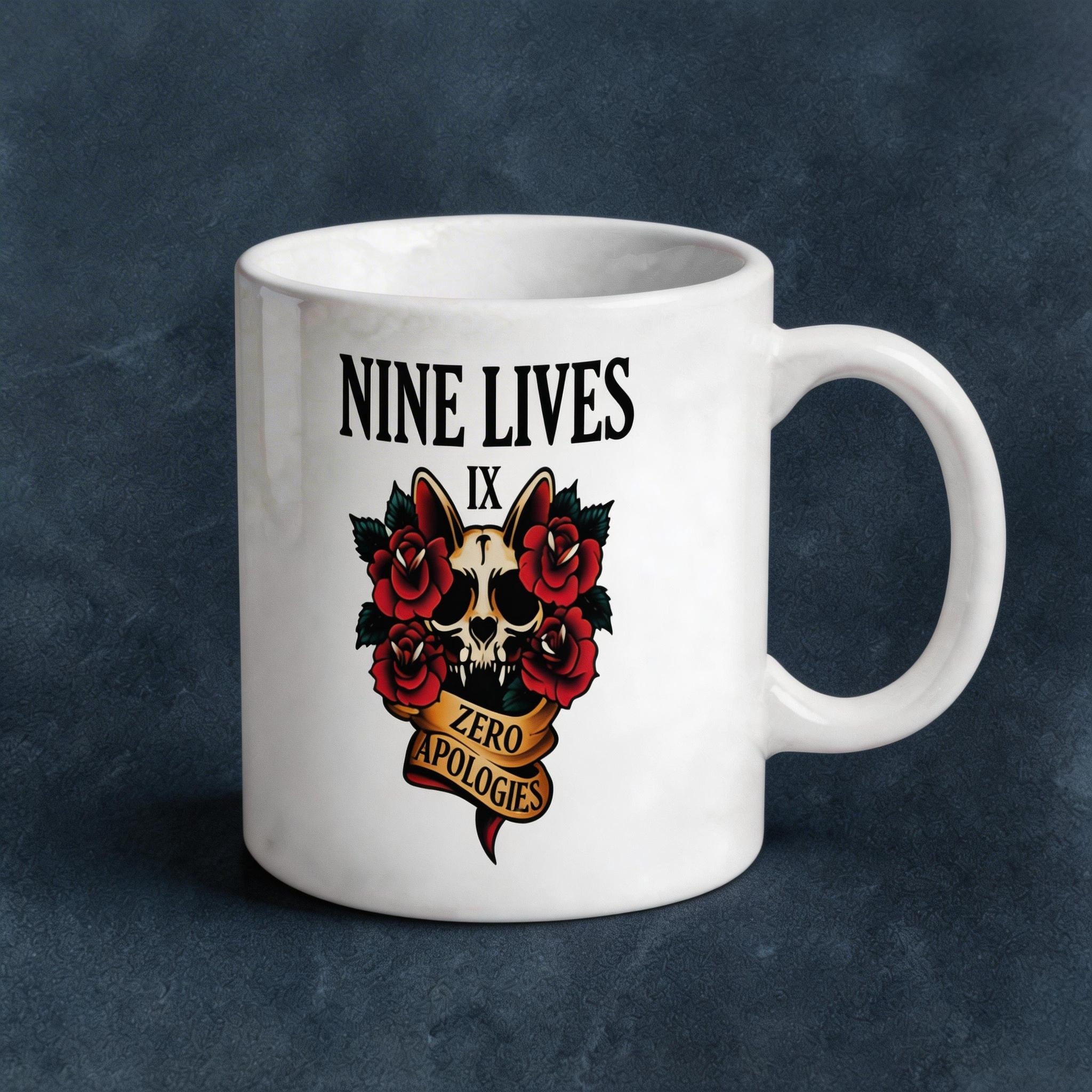 Nine Lives Zero Apologies Cat Skull Tattoo Art Ceramic Mug