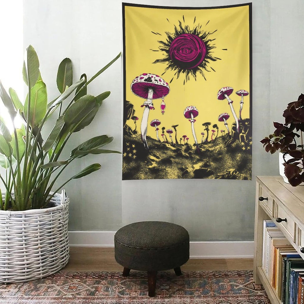 Trippy Eye of the Sun Mushroom Scene Wall Tapestry (Portrait)