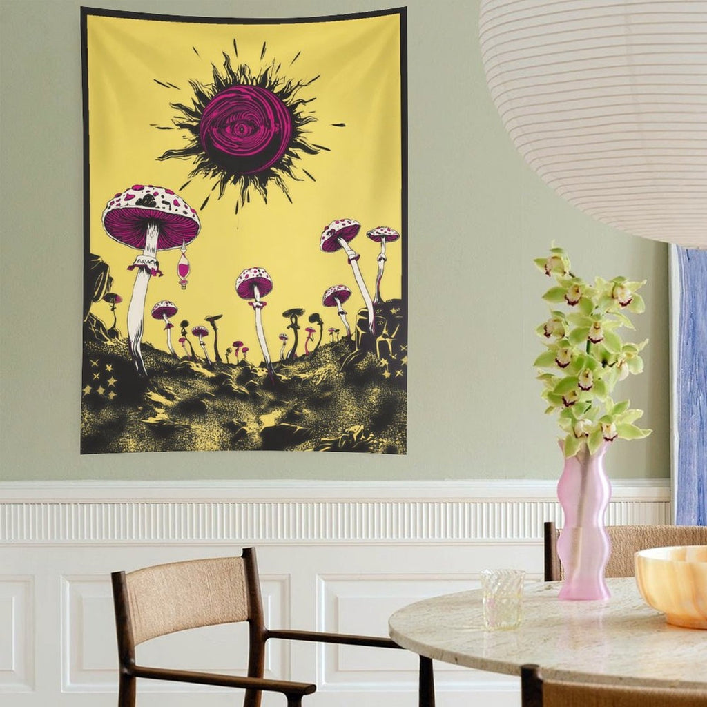 Trippy Eye of the Sun Mushroom Scene Wall Tapestry (Portrait)