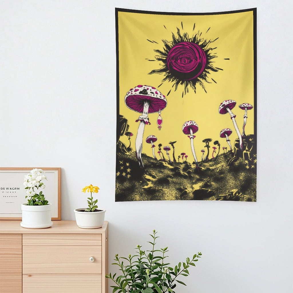 Trippy Eye of the Sun Mushroom Scene Wall Tapestry (Portrait)