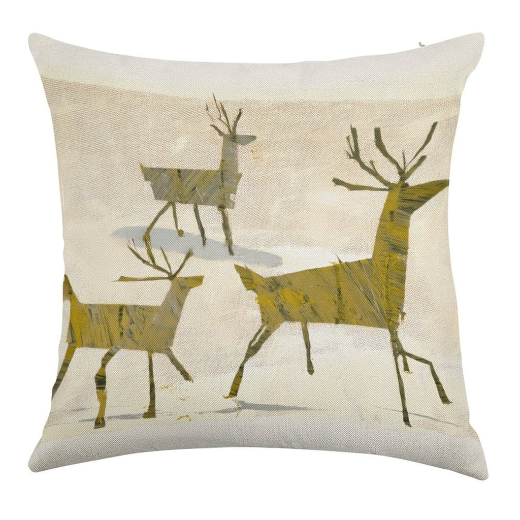 Artistic Woodland Reindeer Faux-Linen Throw Pillow Cover