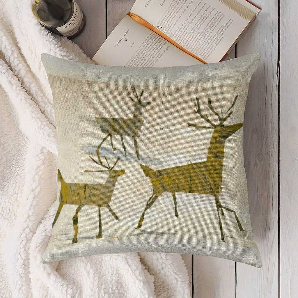 Artistic Woodland Reindeer Faux-Linen Throw Pillow Cover