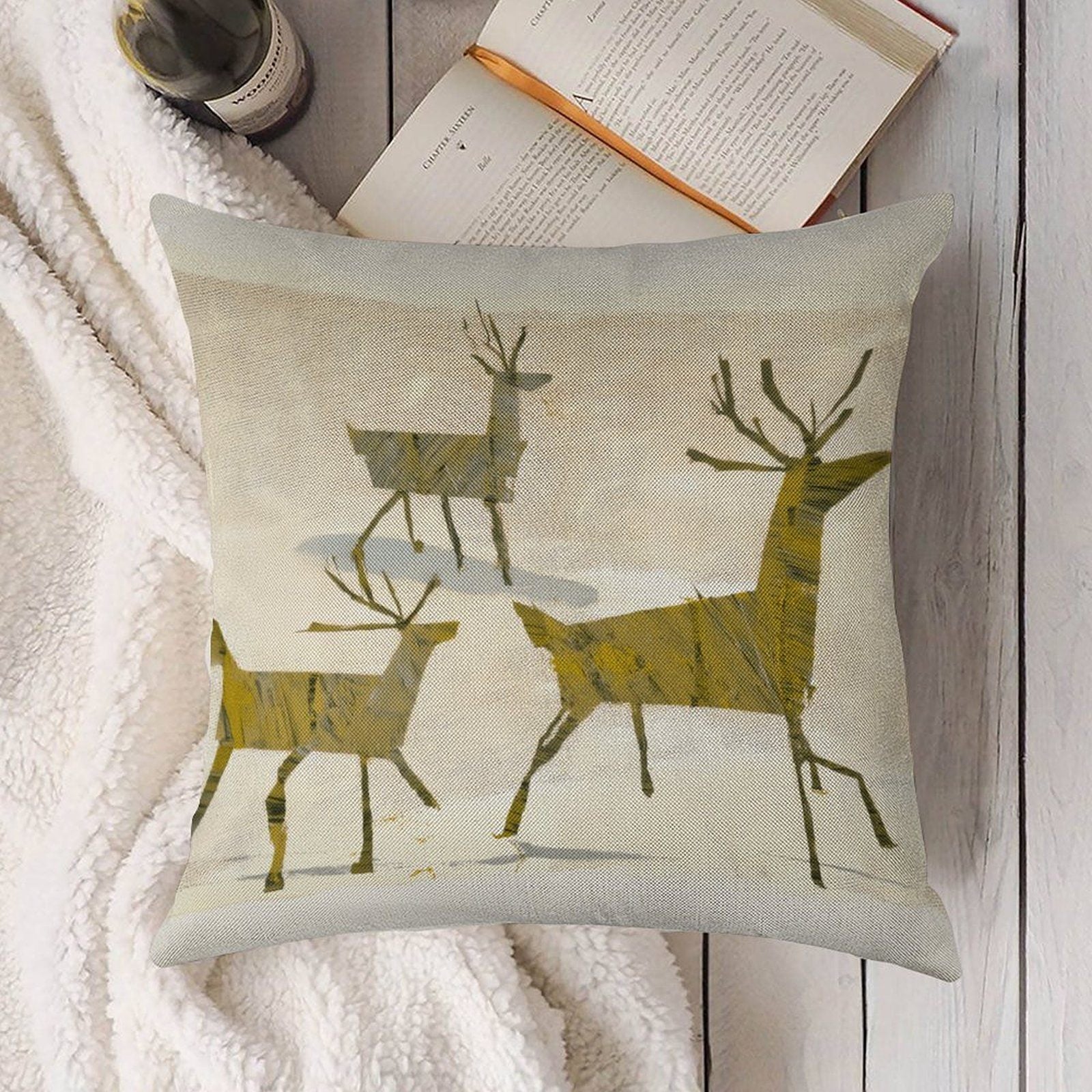 Artistic Woodland Reindeer Faux-Linen Throw Pillow Cover