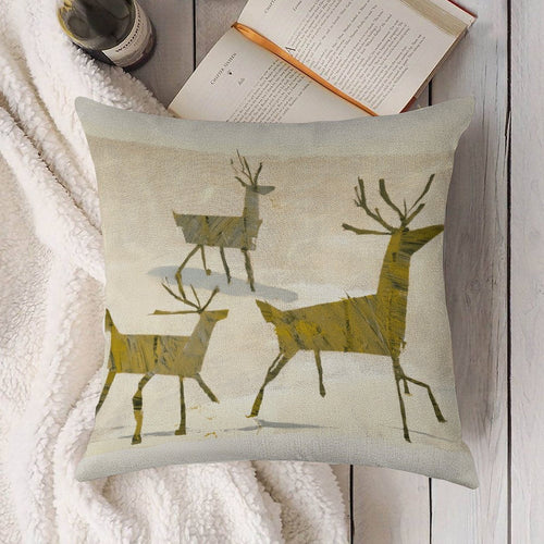 Artistic Woodland Reindeer Faux-Linen Throw Pillow Cover