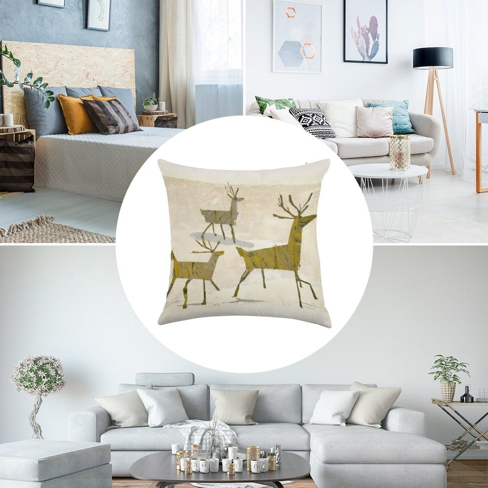 Artistic Woodland Reindeer Faux-Linen Throw Pillow Cover