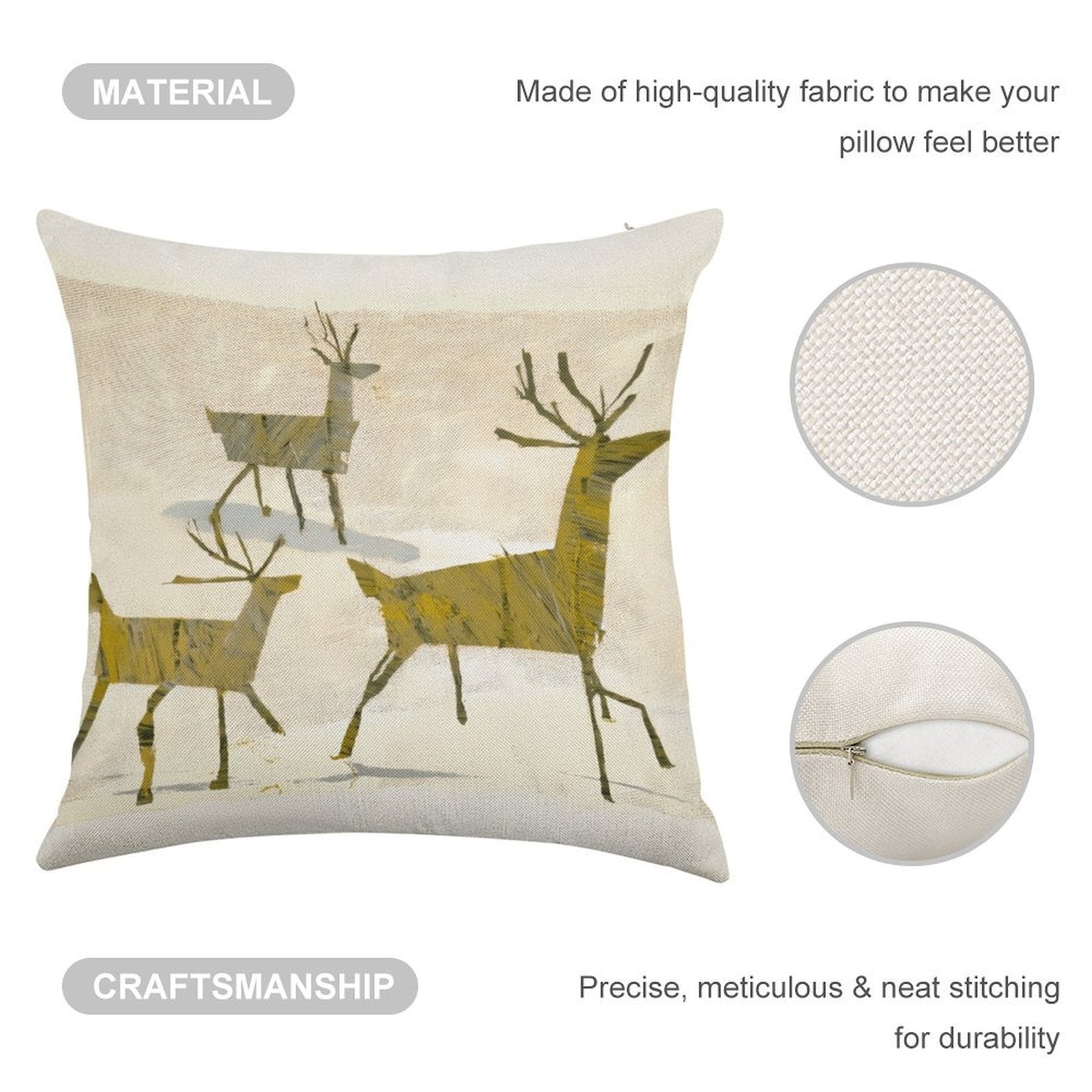 Artistic Woodland Reindeer Faux-Linen Throw Pillow Cover