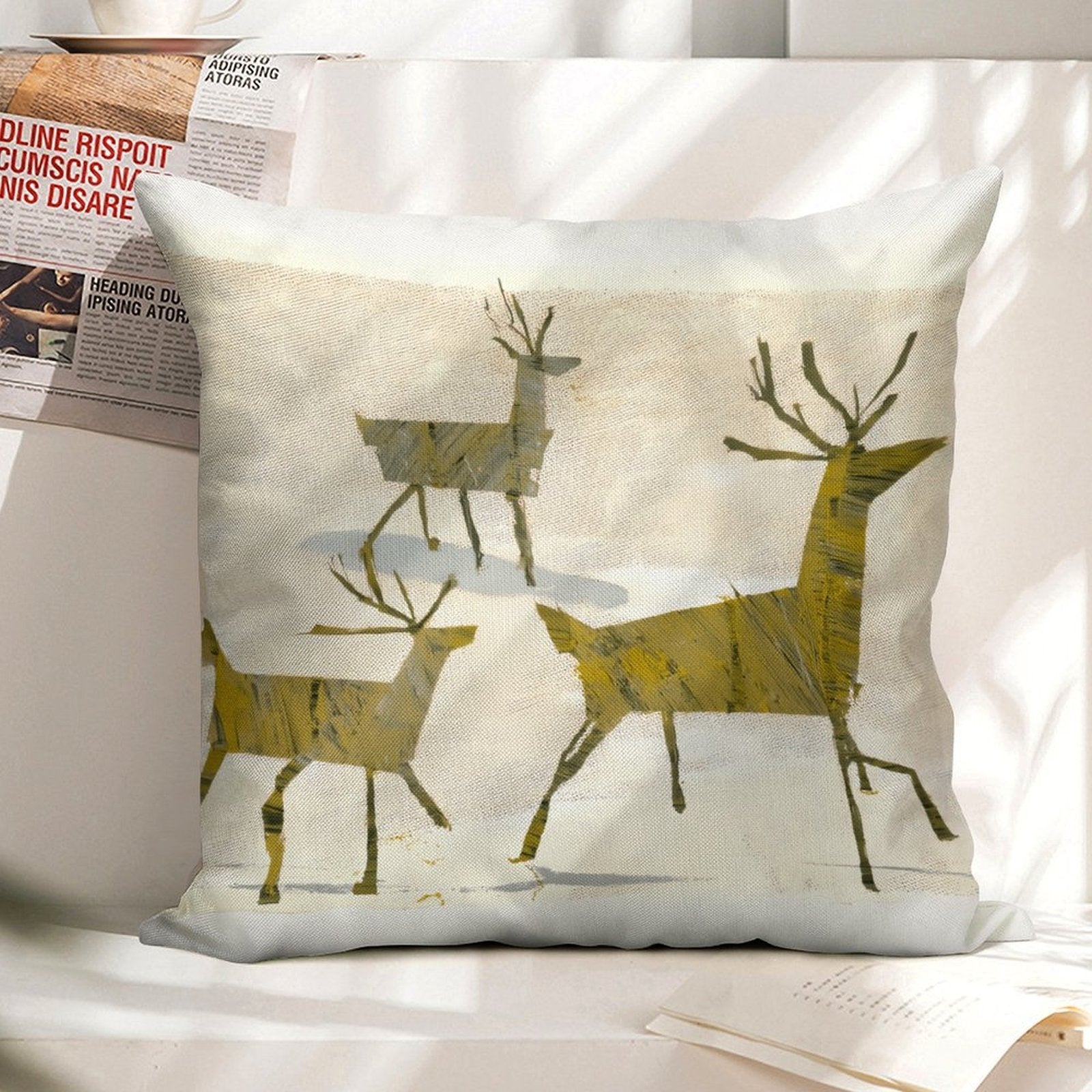 Artistic Woodland Reindeer Faux-Linen Throw Pillow Cover