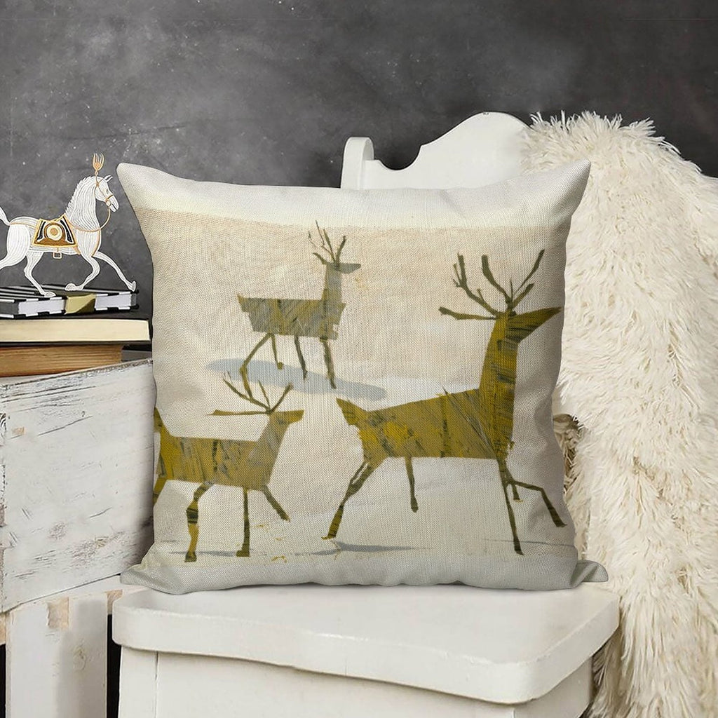 Artistic Woodland Reindeer Faux-Linen Throw Pillow Cover