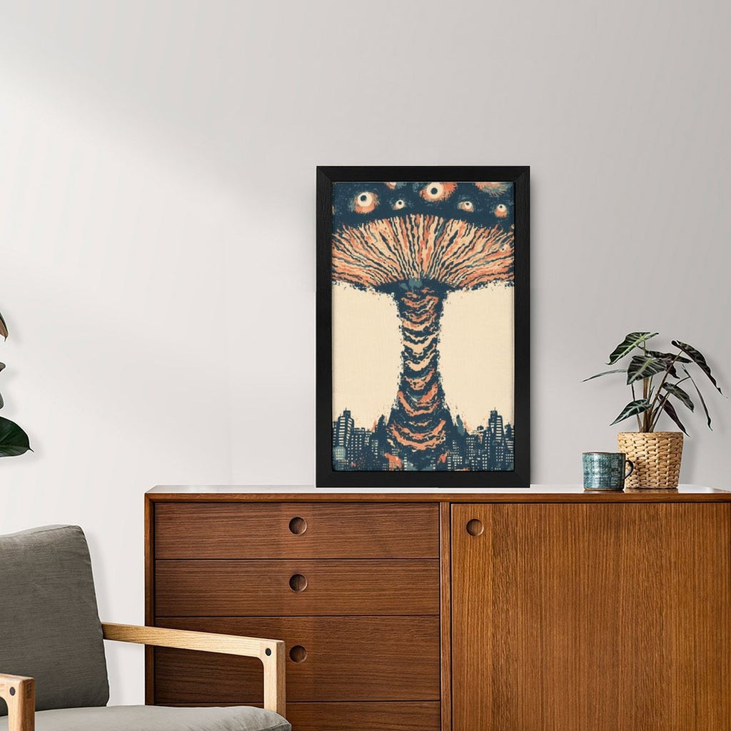Surreal Mushroom Cloud Flat-Frame Wall Art - Black Portrait