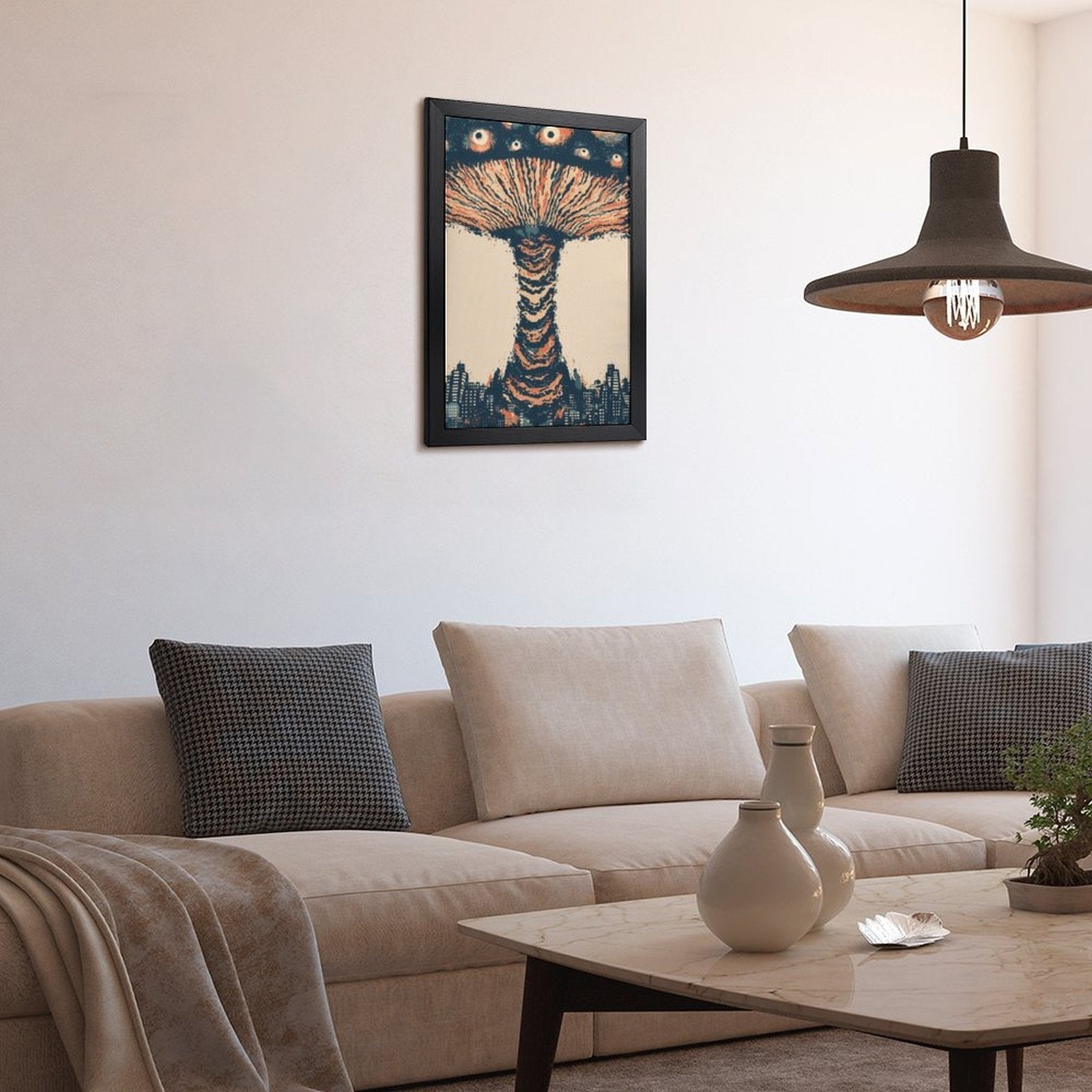 Surreal Mushroom Cloud Flat-Frame Wall Art - Black Portrait