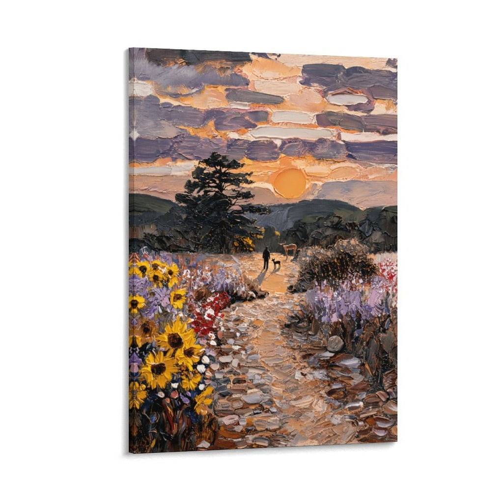 Impasto Sunset Meadow Framed Canvas Art - Golden Hour Landscape